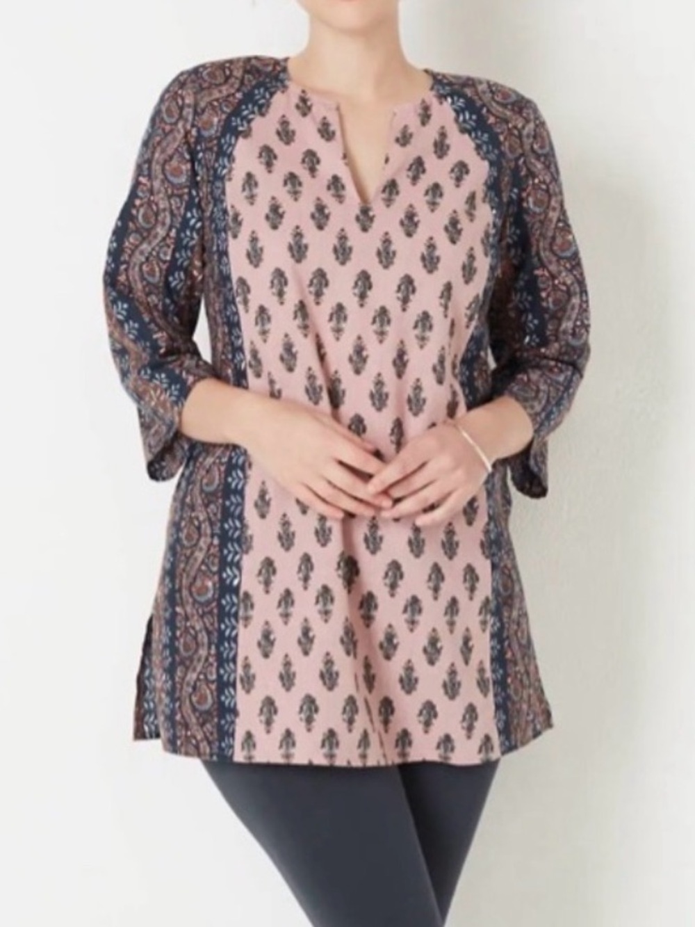 J.Jill Pure Jill Linen Blend Tunic Pink Blue Paisley Size L 3/4 Sleeve Boho